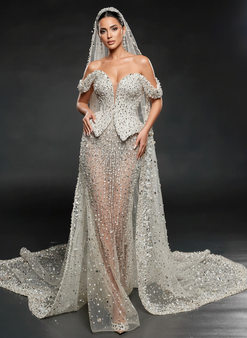 Ivory Crystal Embellished Sheer Bridal Gown – Off-Shoulder Corset Wedding Dress with Cathedral Veil