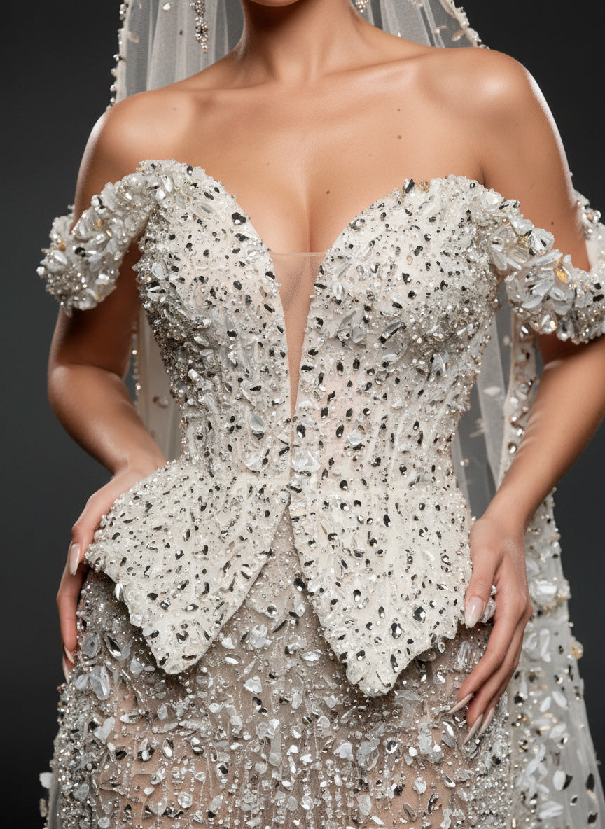 Ivory Crystal Embellished Sheer Bridal Gown – Off-Shoulder Corset Wedding Dress with Cathedral Veil