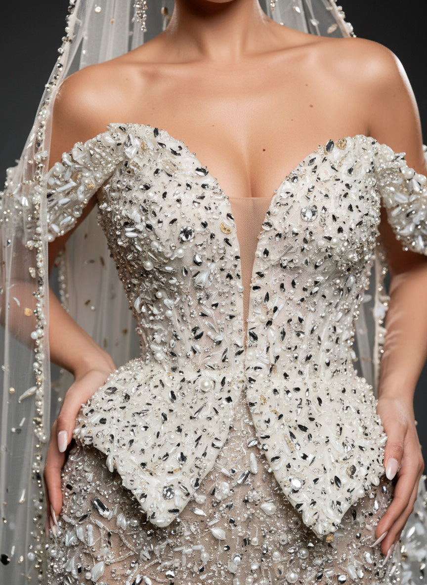 Ivory Crystal Embellished Sheer Bridal Gown – Off-Shoulder Corset Wedding Dress with Cathedral Veil