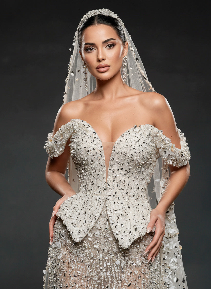 Ivory Crystal Embellished Sheer Bridal Gown – Off-Shoulder Corset Wedding Dress with Cathedral Veil