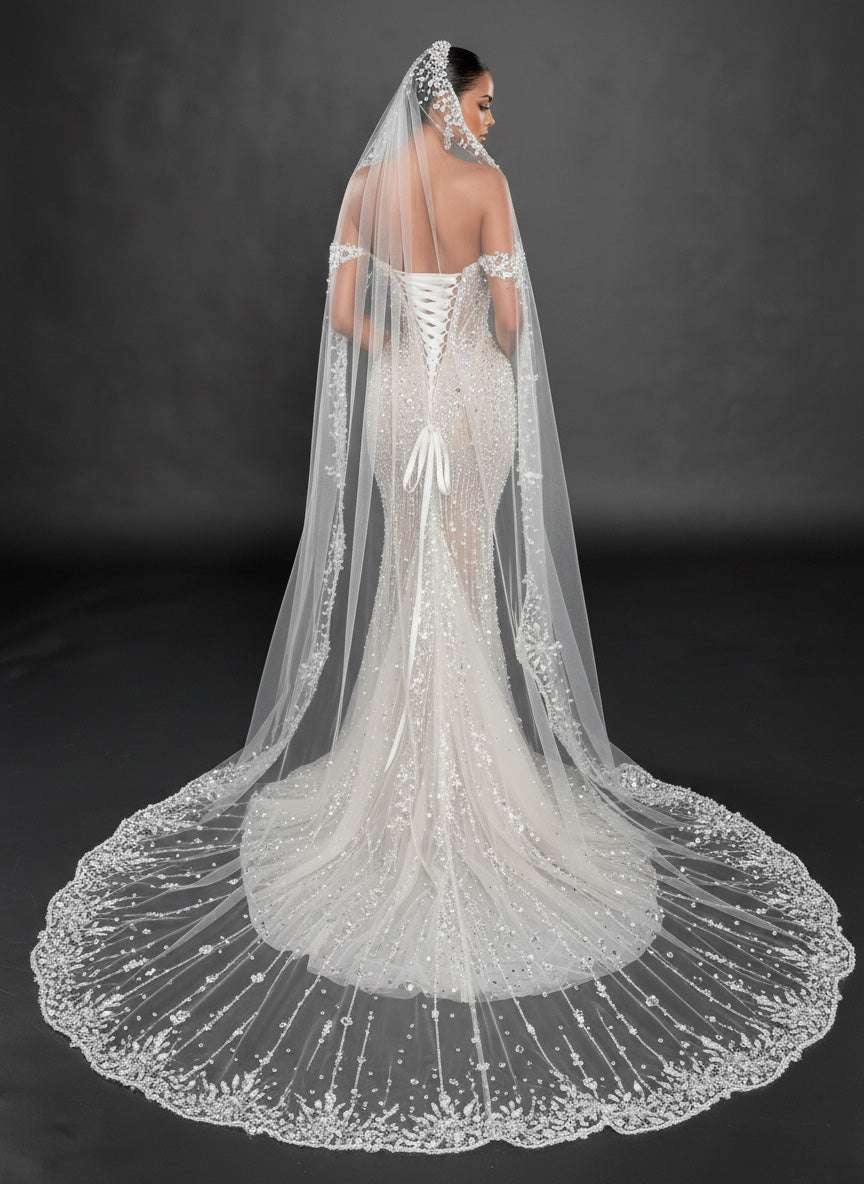 Ivory Crystal Embellished Mermaid Wedding Gown & Cathedral Veil – Strapless Sweetheart Corset Bridal Dress with Cathedral Veil