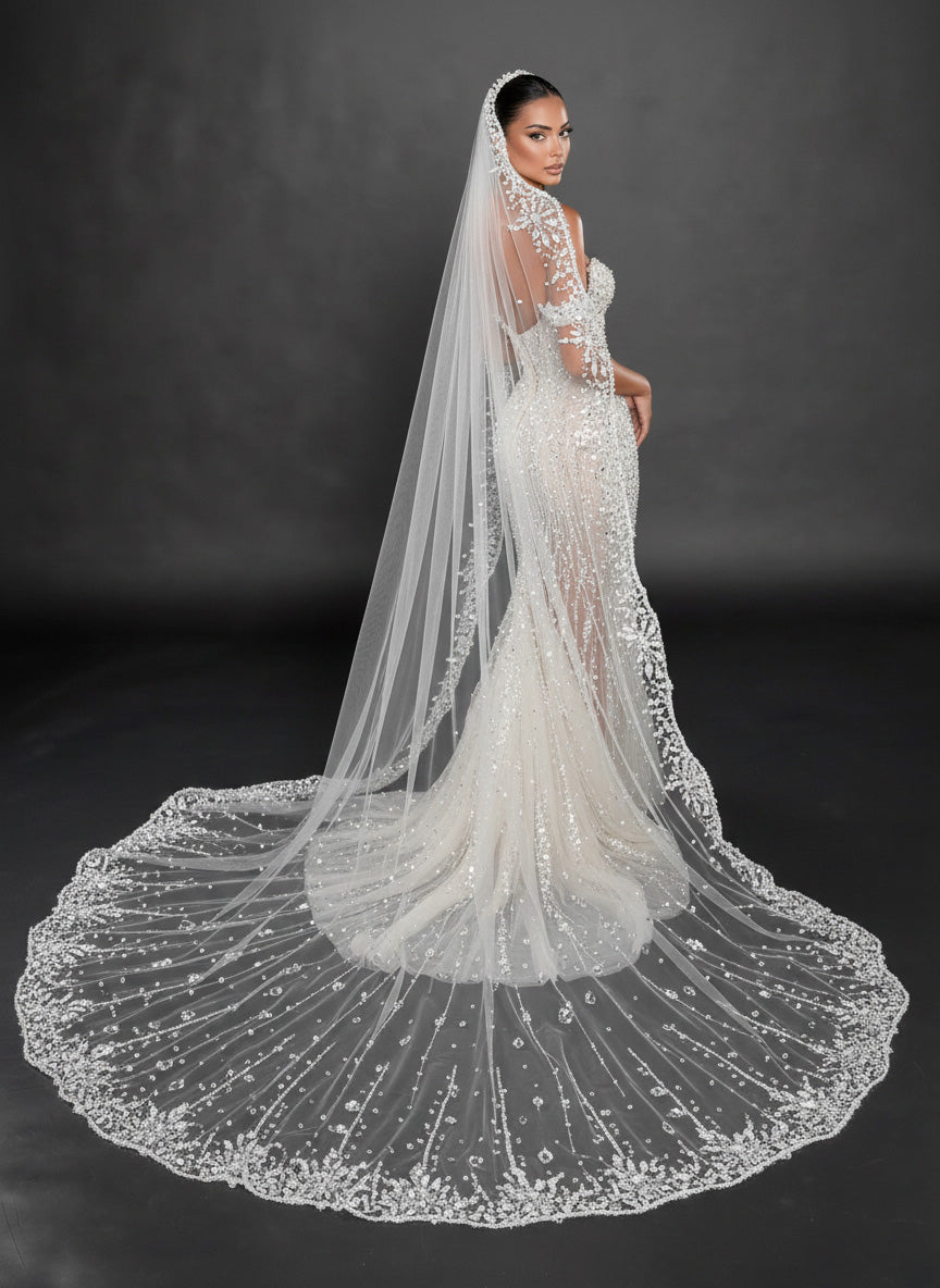 Ivory Crystal Embellished Mermaid Wedding Gown & Cathedral Veil – Strapless Sweetheart Corset Bridal Dress with Cathedral Veil