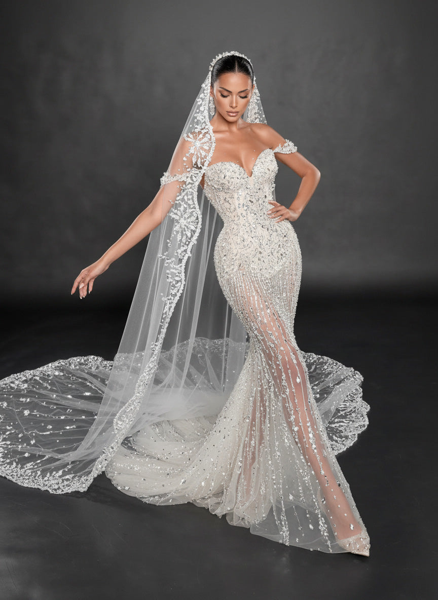 Ivory Crystal Embellished Mermaid Wedding Gown & Cathedral Veil – Strapless Sweetheart Corset Bridal Dress with Cathedral Veil