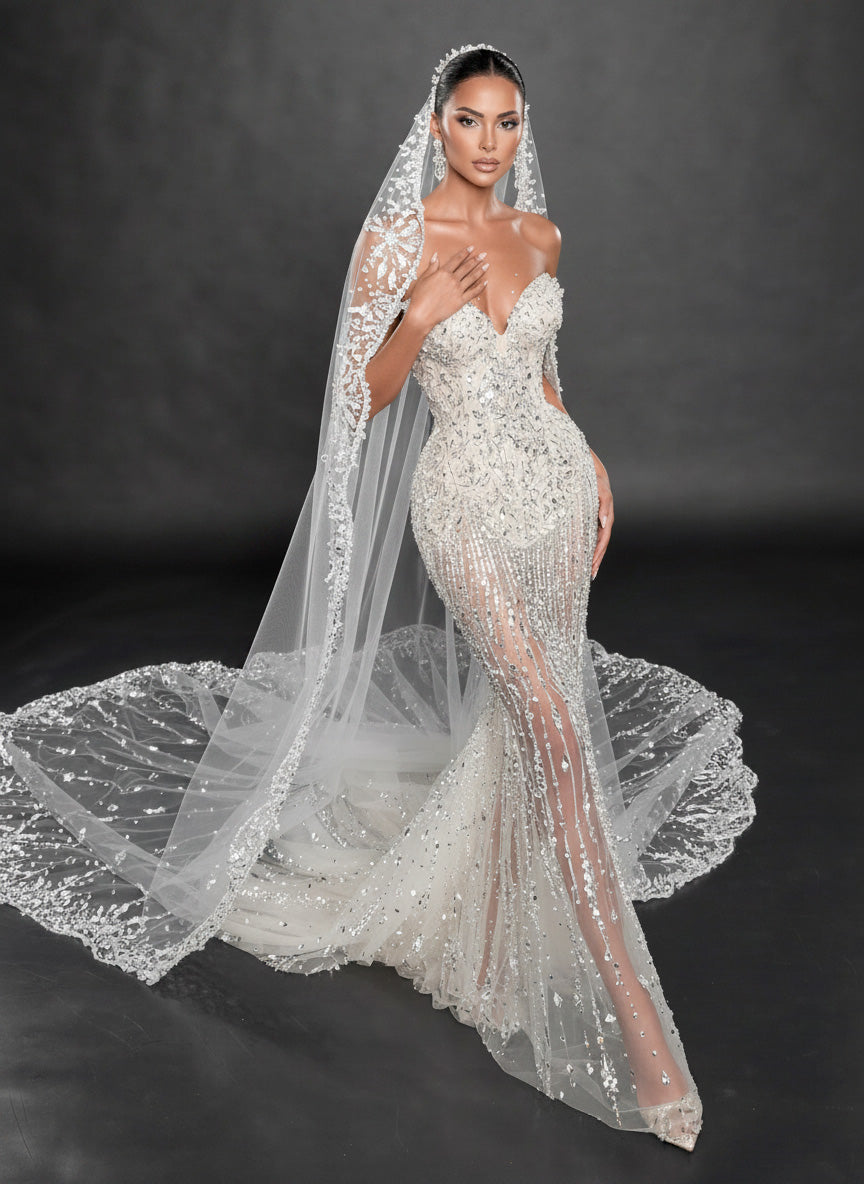 Ivory Crystal Embellished Mermaid Wedding Gown & Cathedral Veil – Strapless Sweetheart Corset Bridal Dress with Cathedral Veil