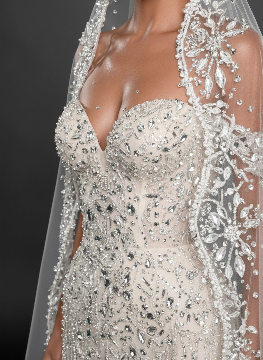 Strapless Sweetheart Corset Bridal Dress & Cathedral Veil – Ivory Crystal Embellished Mermaid Wedding Gown