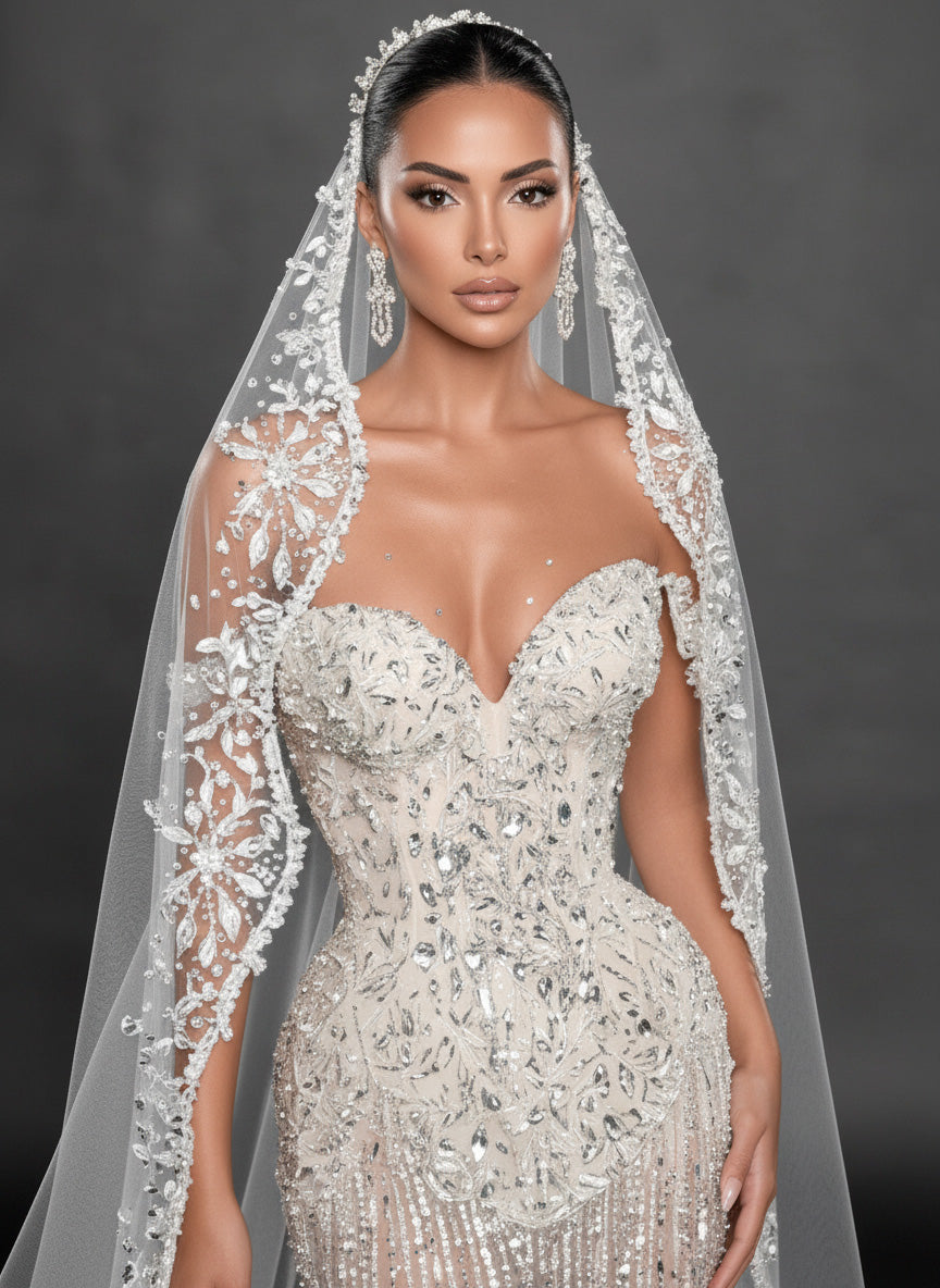 Ivory Crystal Embellished Mermaid Wedding Gown & Cathedral Veil – Strapless Sweetheart Corset Bridal Dress with Cathedral Veil