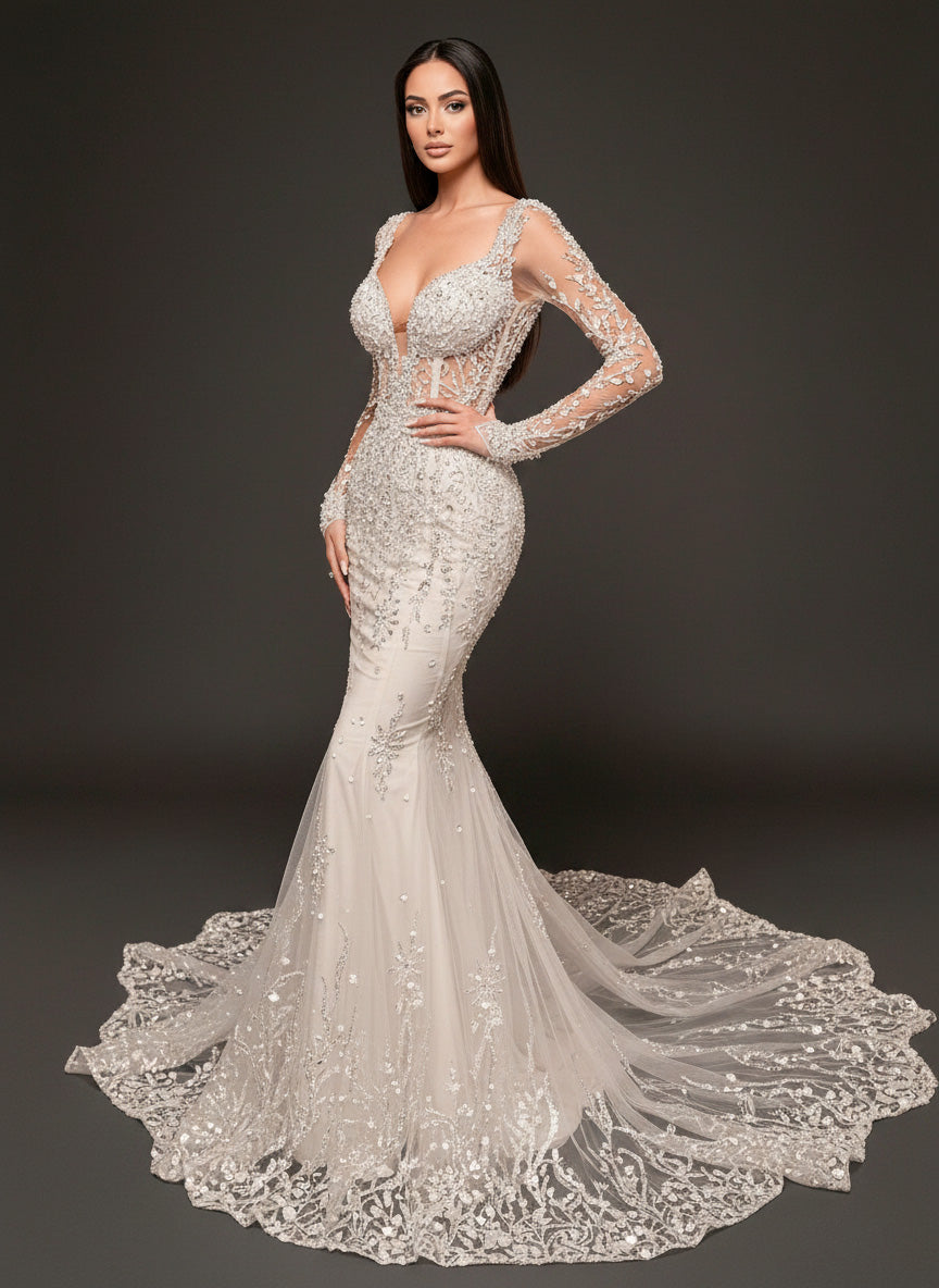 Ivory Crystal Embellished Mermaid Wedding Dress – Long Sleeve Illusion Corset Bridal Gown with Lace Train