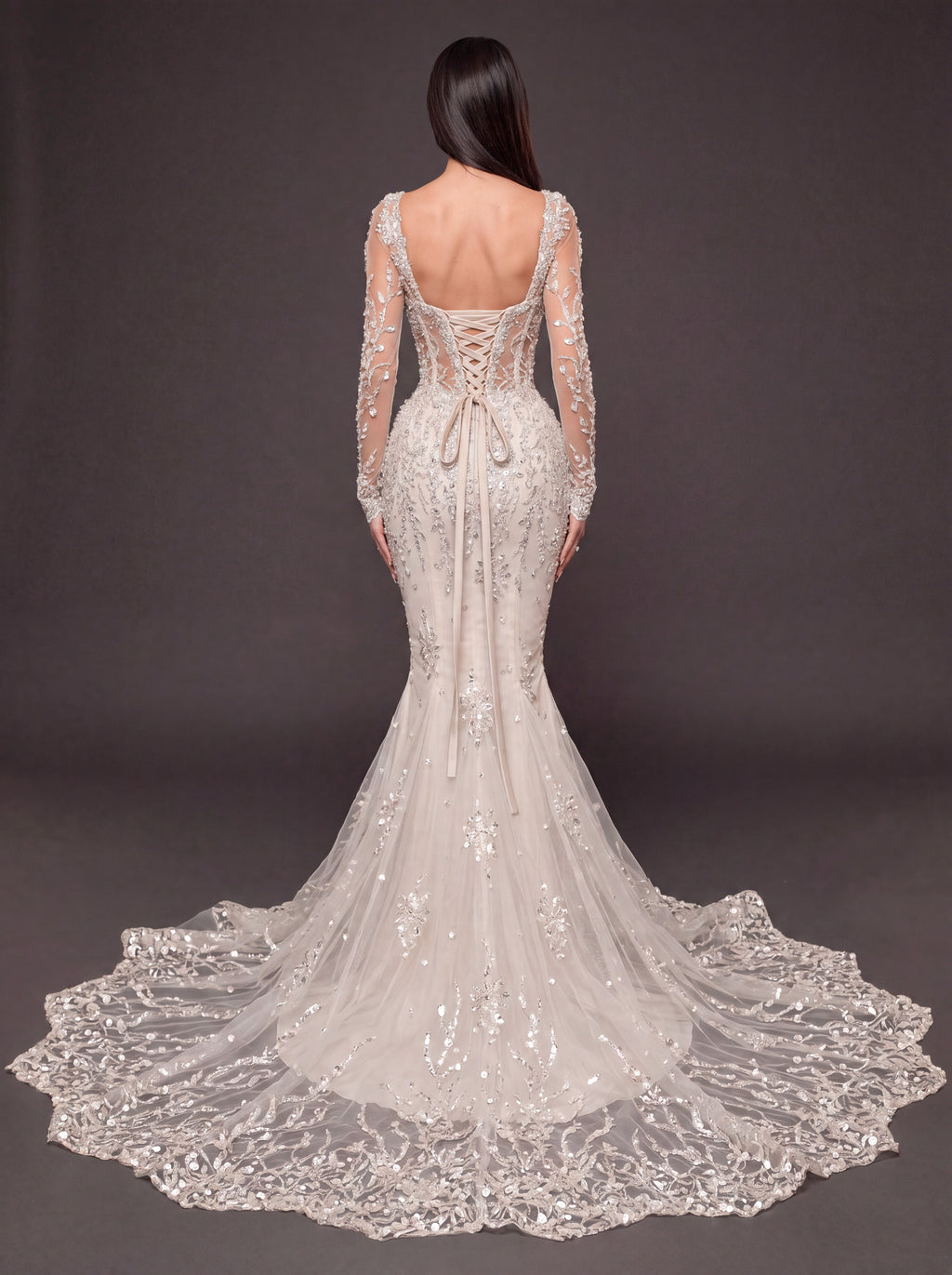 Ivory Crystal Embellished Mermaid Wedding Dress – Long Sleeve Illusion Corset Bridal Gown with Lace Train