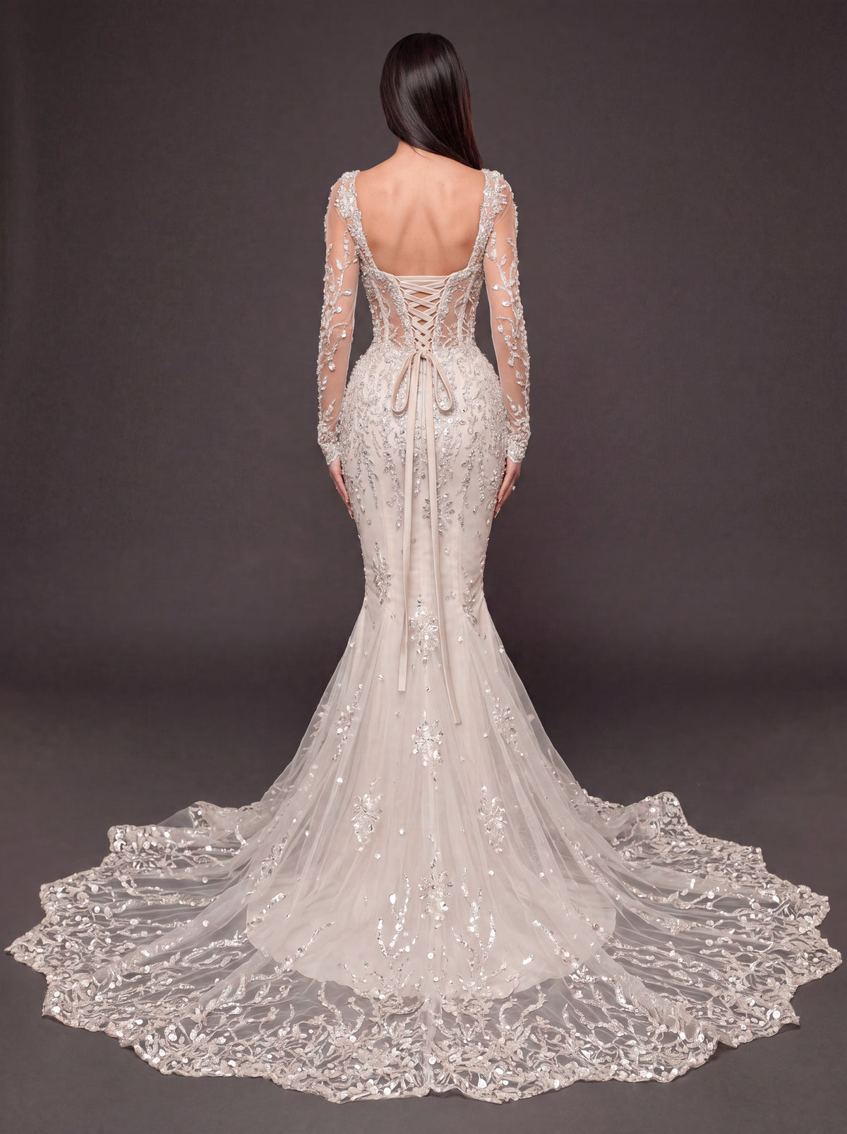 Ivory Crystal Embellished Mermaid Wedding Dress – Long Sleeve Illusion Corset Bridal Gown with Lace Train