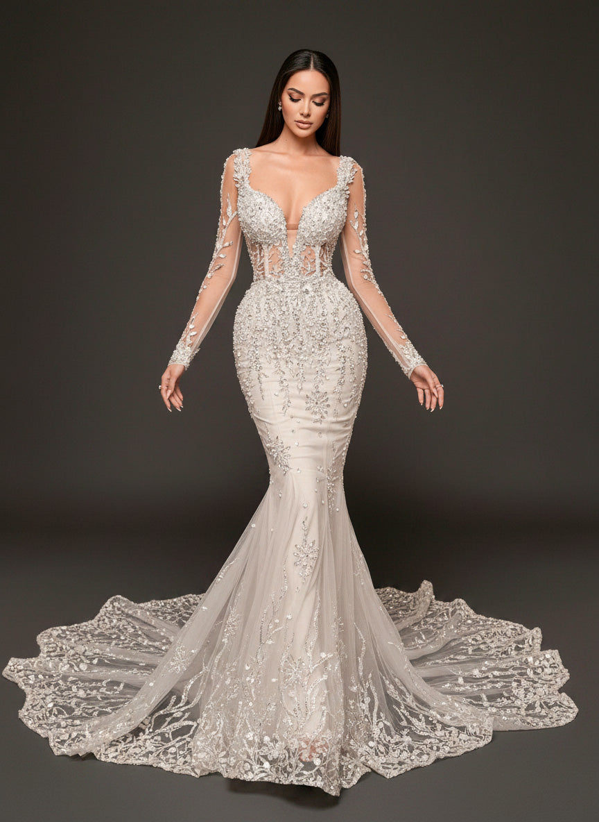 Ivory Crystal Embellished Mermaid Wedding Dress – Long Sleeve Illusion Corset Bridal Gown with Lace Train