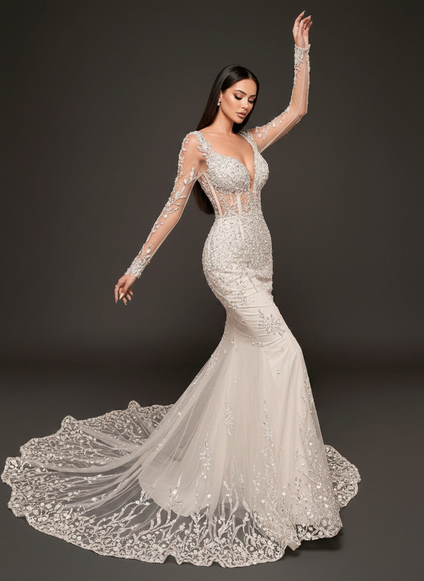 Ivory Crystal Embellished Mermaid Wedding Dress – Long Sleeve Illusion Corset Bridal Gown with Lace Train