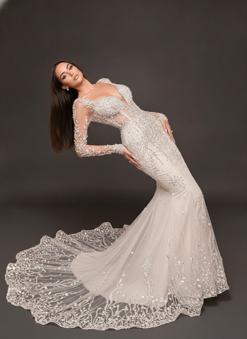 Ivory Crystal Embellished Mermaid Wedding Dress – Long Sleeve Illusion Corset Bridal Gown with Lace Train