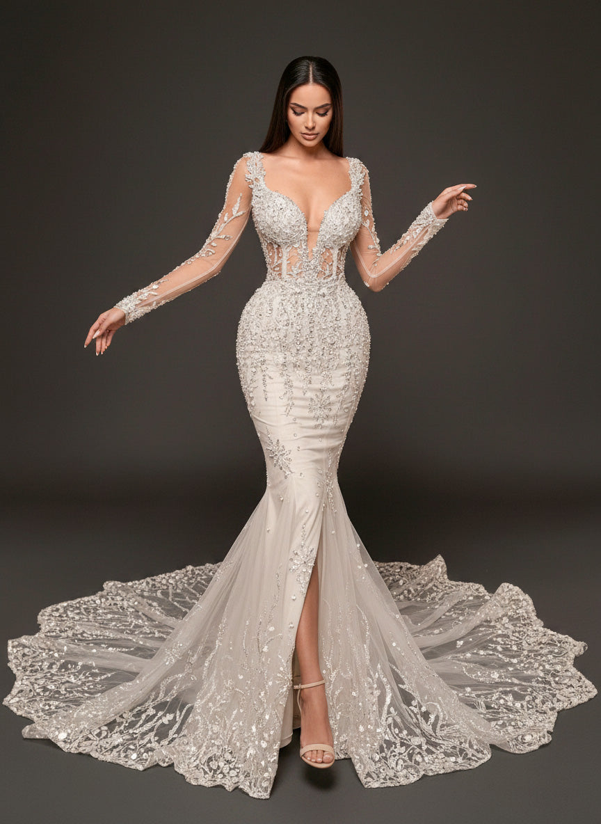 Ivory Crystal Embellished Mermaid Wedding Dress – Long Sleeve Illusion Corset Bridal Gown with Lace Train