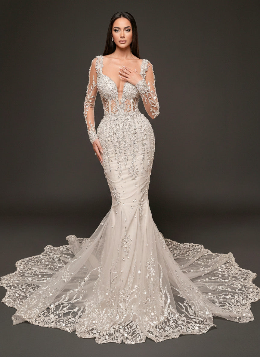 Ivory Crystal Embellished Mermaid Wedding Dress – Long Sleeve Illusion Corset Bridal Gown with Lace Train