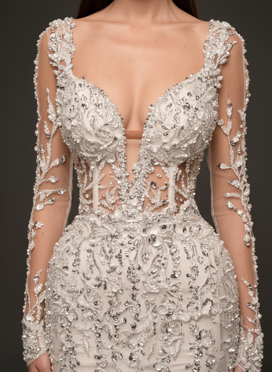 Ivory Crystal Embellished Mermaid Wedding Dress – Long Sleeve Illusion Corset Bridal Gown with Lace Train