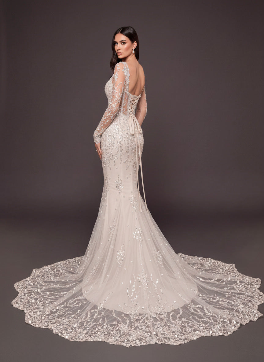 Ivory Crystal Embellished Mermaid Wedding Dress – Long Sleeve Illusion Corset Bridal Gown with Lace Train