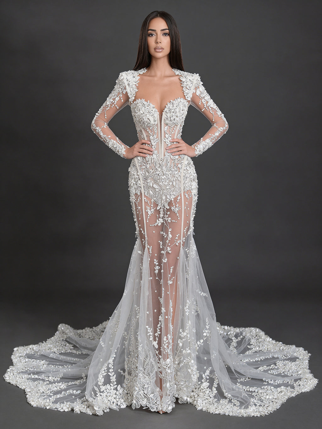 Ivory Floral Appliqué Mermaid Wedding Dress – Sheer Long Sleeve Corset Bridal Gown with Cathedral Train