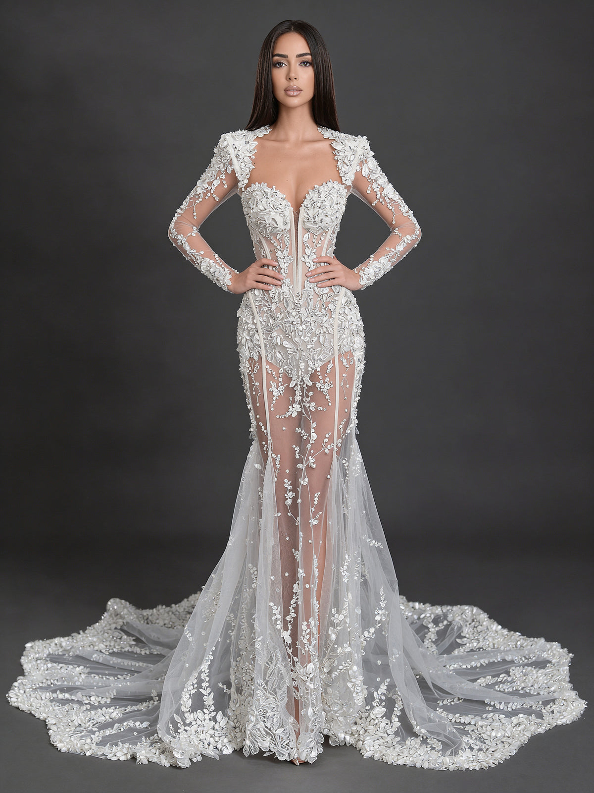 Ivory Floral Appliqué Mermaid Wedding Dress – Sheer Long Sleeve Corset Bridal Gown with Cathedral Train