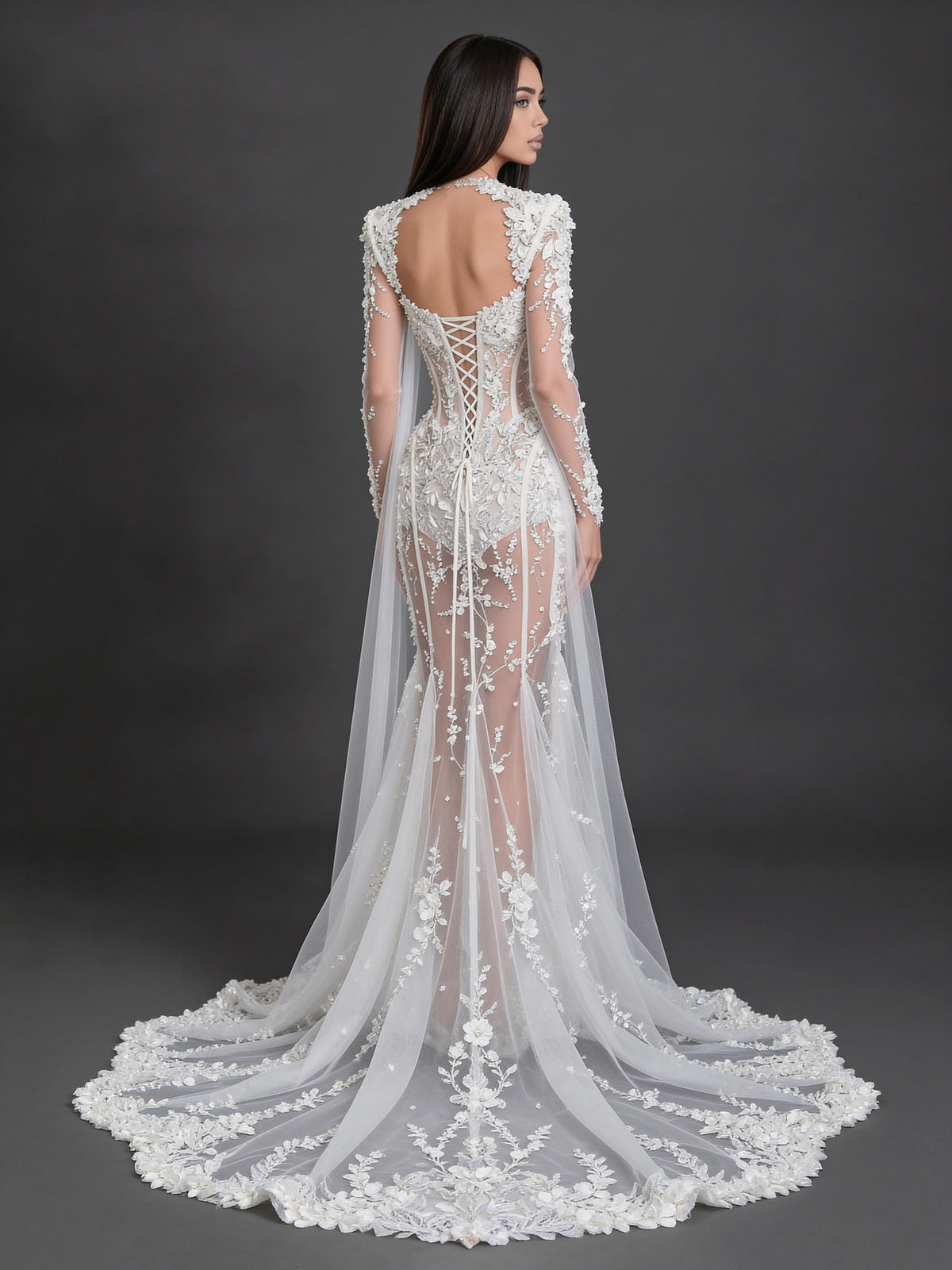 Ivory Floral Appliqué Mermaid Wedding Dress – Sheer Long Sleeve Corset Bridal Gown with Cathedral Train