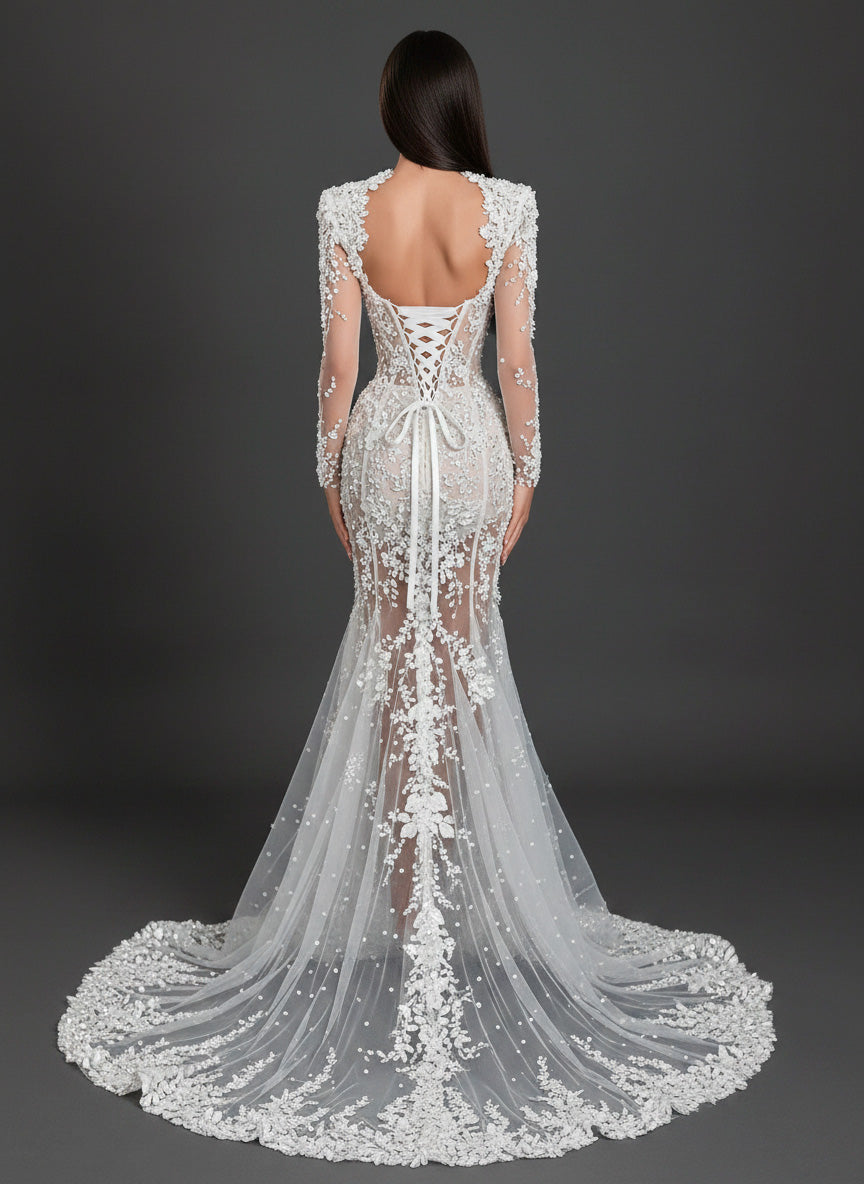 Ivory Floral Appliqué Mermaid Wedding Dress – Sheer Long Sleeve Corset Bridal Gown with Cathedral Train