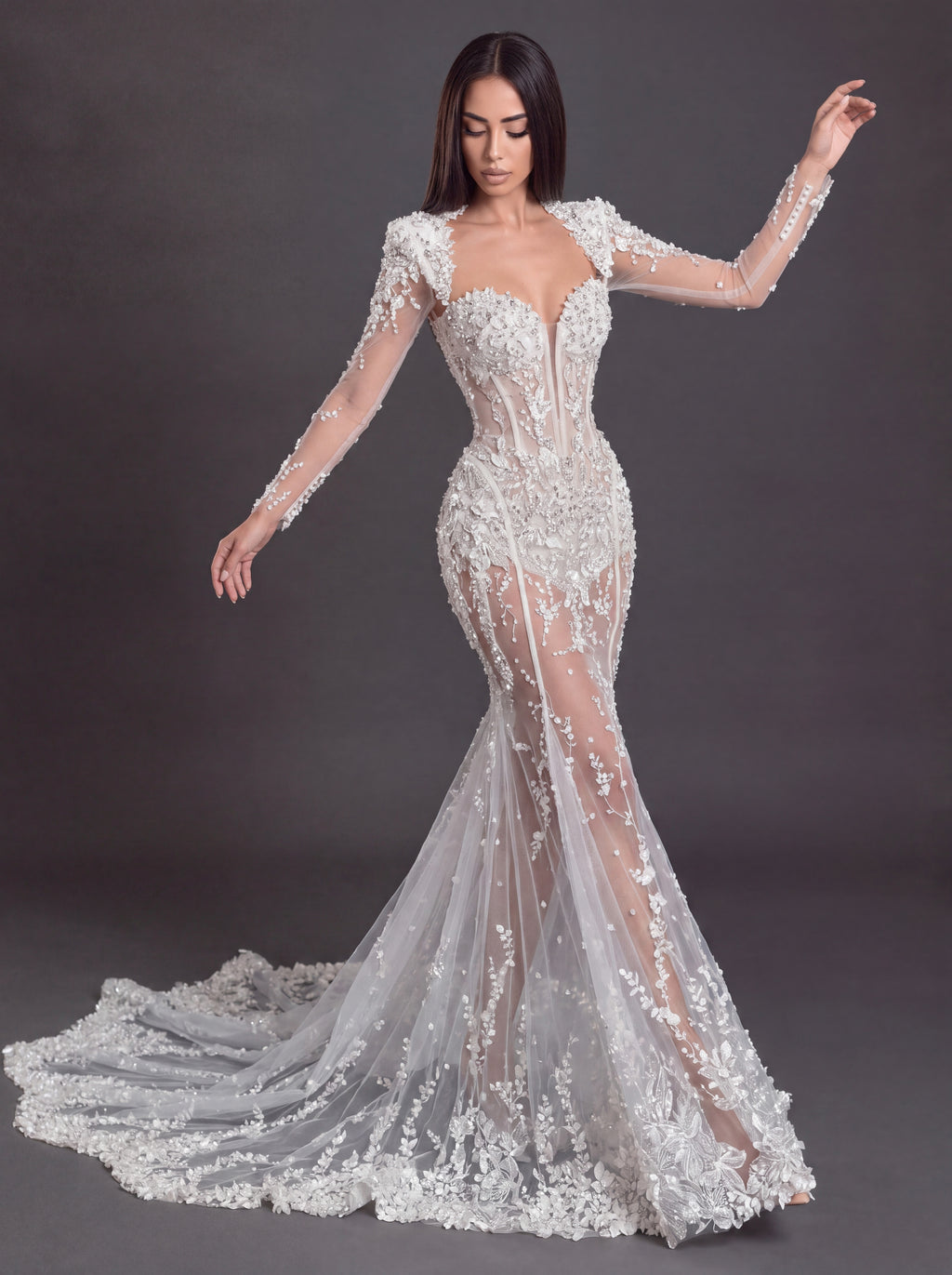 Ivory Floral Appliqué Mermaid Wedding Dress – Sheer Long Sleeve Corset Bridal Gown with Cathedral Train