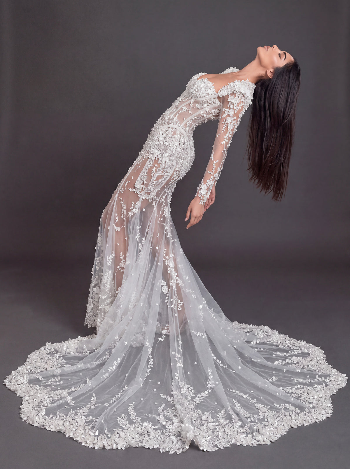 Ivory Floral Appliqué Mermaid Wedding Dress – Sheer Long Sleeve Corset Bridal Gown with Cathedral Train