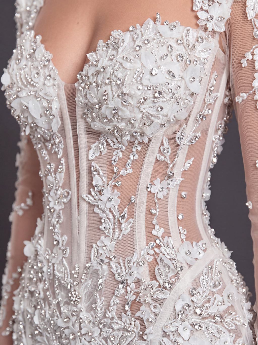Ivory Floral Appliqué Mermaid Wedding Dress – Sheer Long Sleeve Corset Bridal Gown with Cathedral Train