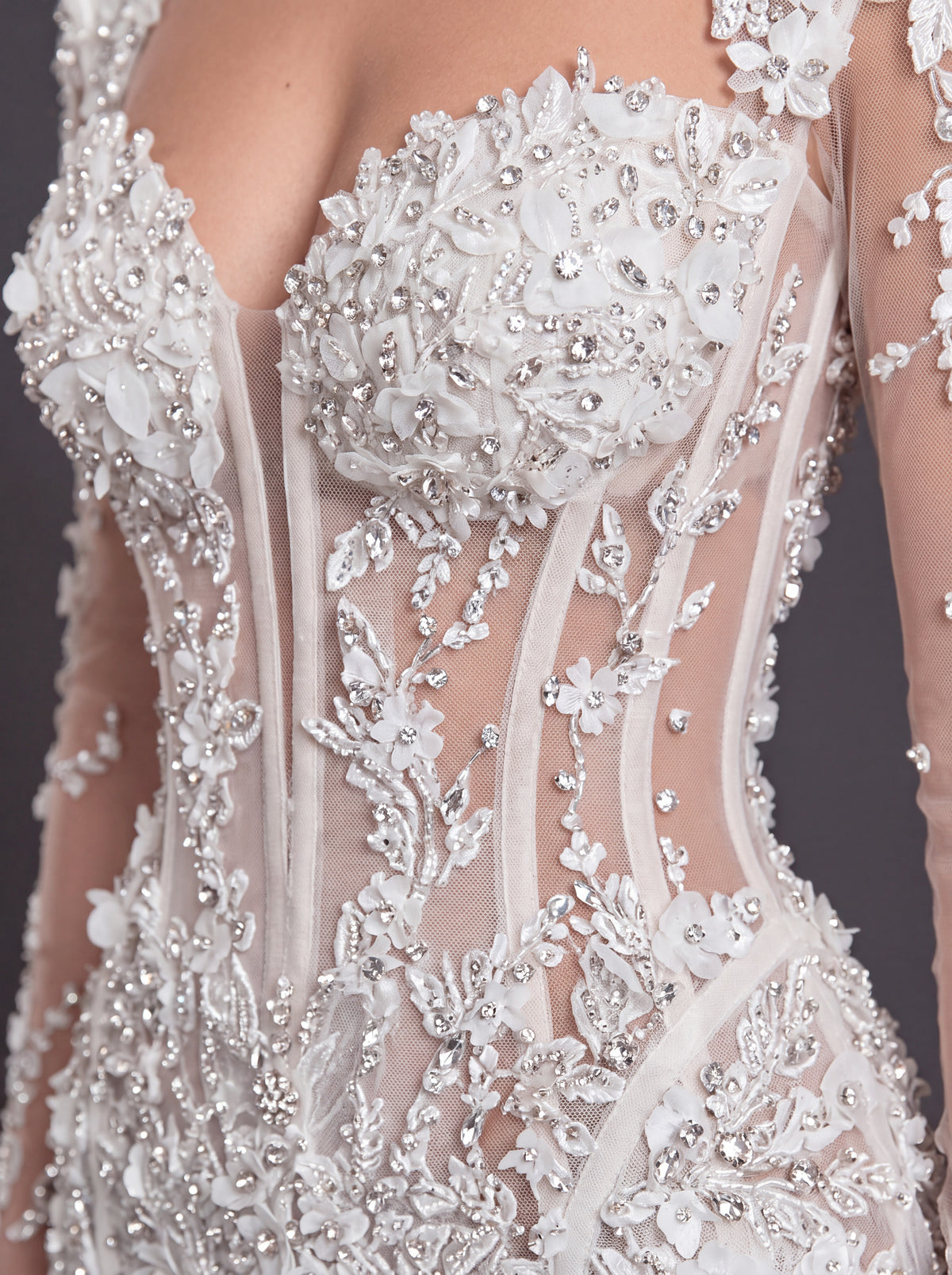 Ivory Floral Appliqué Mermaid Wedding Dress – Sheer Long Sleeve Corset Bridal Gown with Cathedral Train
