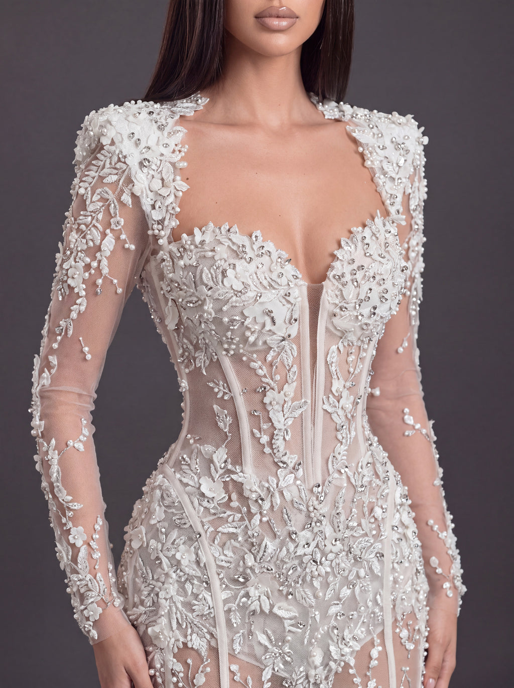 Ivory Floral Appliqué Mermaid Wedding Dress – Sheer Long Sleeve Corset Bridal Gown with Cathedral Train