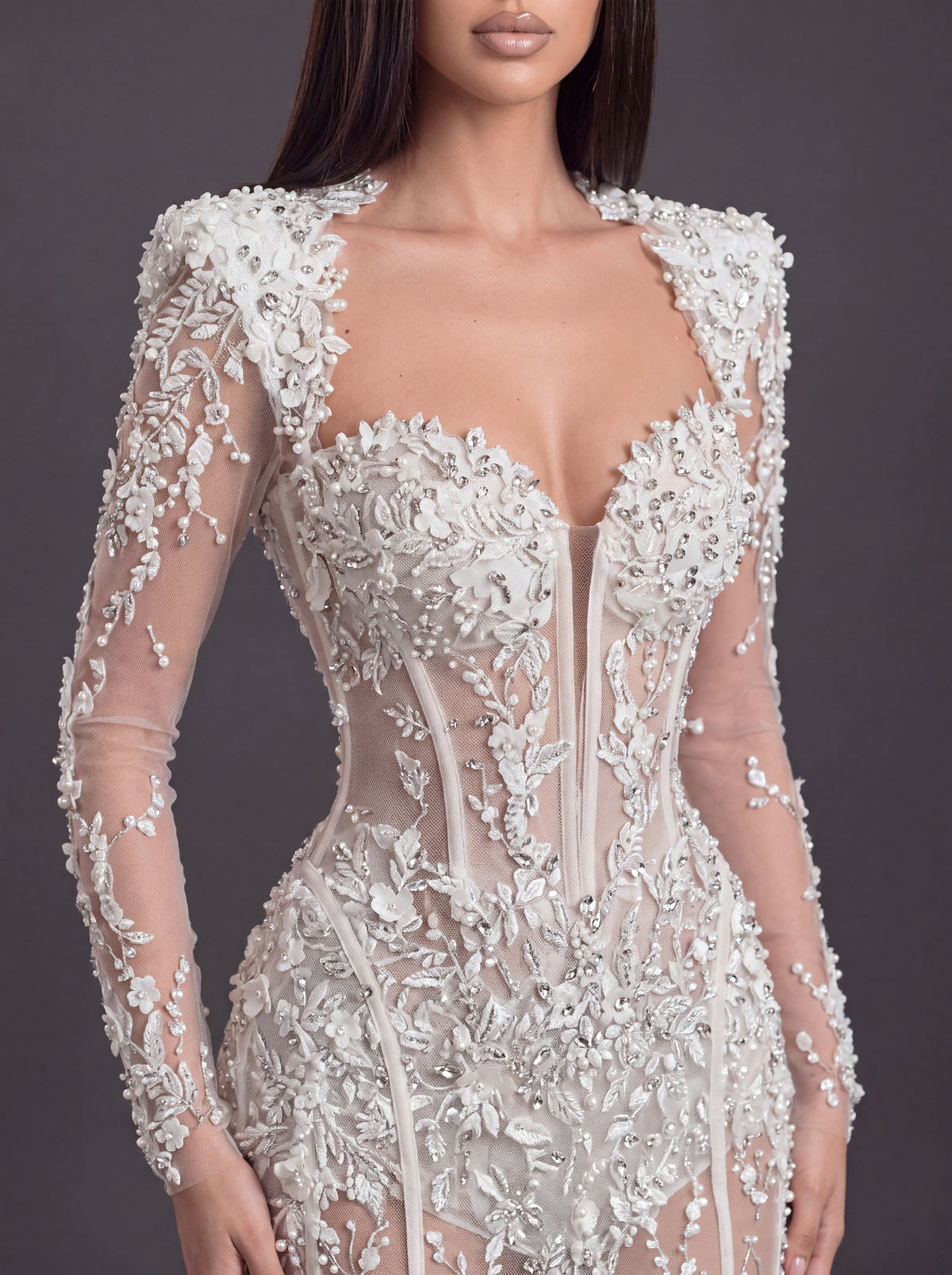 Ivory Floral Appliqué Mermaid Wedding Dress – Sheer Long Sleeve Corset Bridal Gown with Cathedral Train