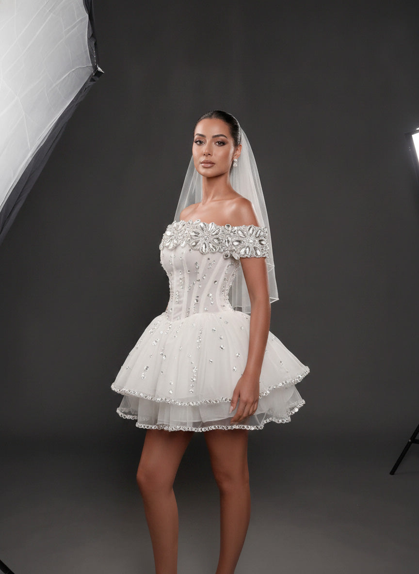 Ivory Crystal Embellished Mini Wedding Dress – Off-Shoulder Corset Bridal Dress with Layered Tulle Skirt