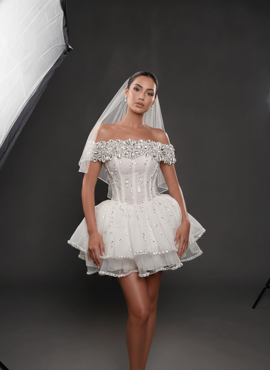 Ivory Crystal Embellished Mini Wedding Dress – Off-Shoulder Corset Bridal Dress with Layered Tulle Skirt