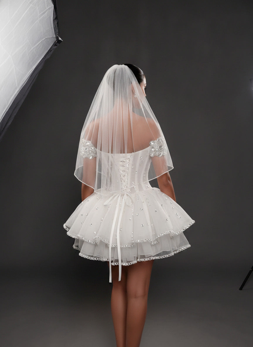 Ivory Crystal Embellished Mini Wedding Dress – Off-Shoulder Corset Bridal Dress with Layered Tulle Skirt
