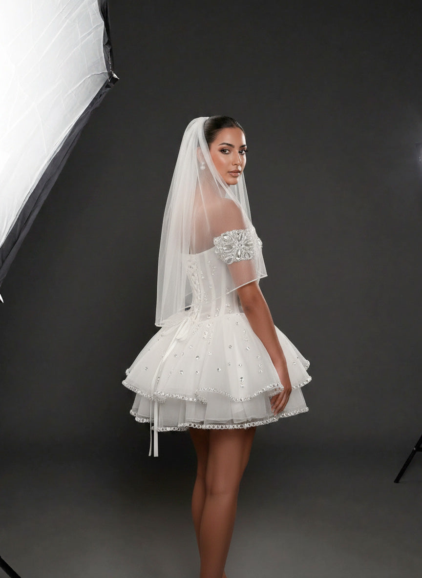 Ivory Crystal Embellished Mini Wedding Dress – Off-Shoulder Corset Bridal Dress with Layered Tulle Skirt