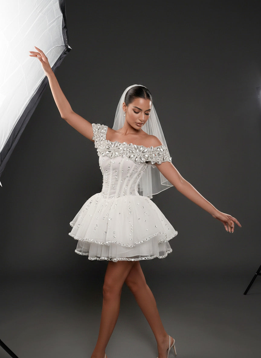 Ivory Crystal Embellished Mini Wedding Dress – Off-Shoulder Corset Bridal Dress with Layered Tulle Skirt