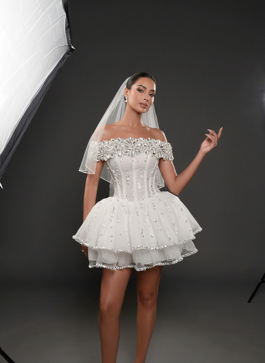 Ivory Crystal Embellished Mini Wedding Dress – Off-Shoulder Corset Bridal Dress with Layered Tulle Skirt