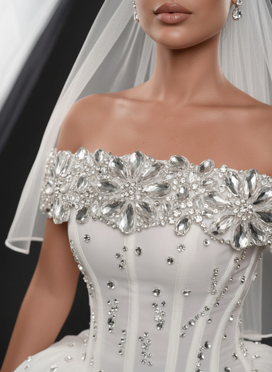 Ivory Crystal Embellished Mini Wedding Dress – Off-Shoulder Corset Bridal Dress with Layered Tulle Skirt