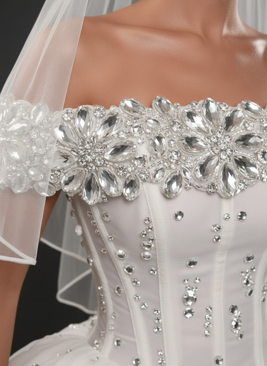 Ivory Crystal Embellished Mini Wedding Dress – Off-Shoulder Corset Bridal Dress with Layered Tulle Skirt