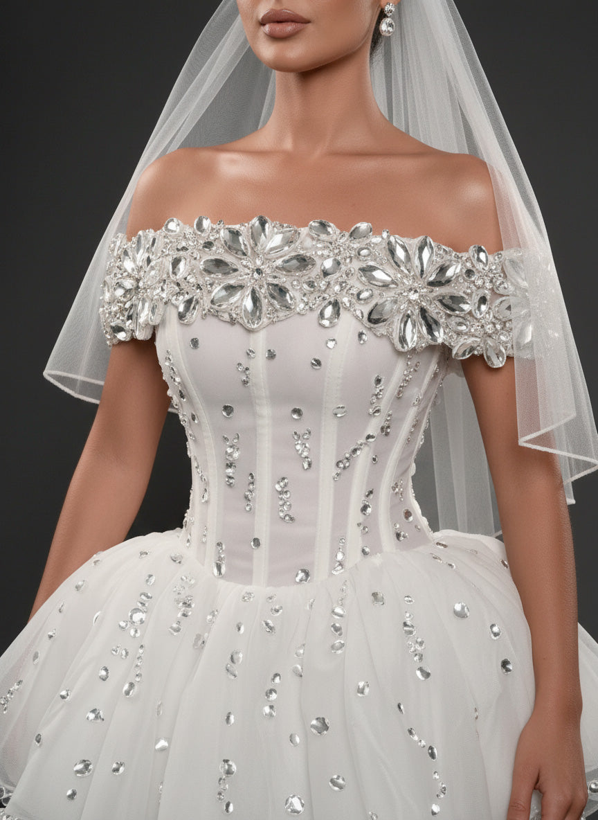 Ivory Crystal Embellished Mini Wedding Dress – Off-Shoulder Corset Bridal Dress with Layered Tulle Skirt