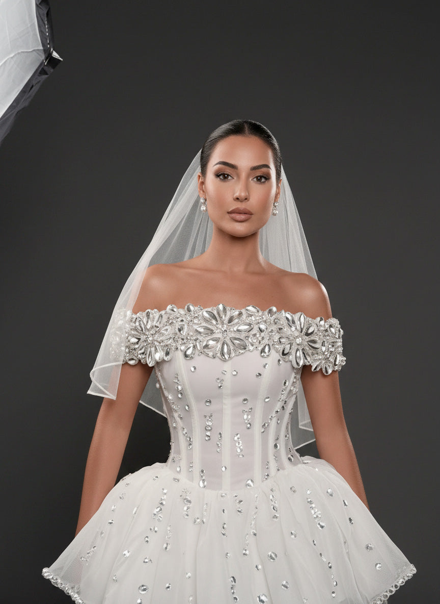 Ivory Crystal Embellished Mini Wedding Dress – Off-Shoulder Corset Bridal Dress with Layered Tulle Skirt