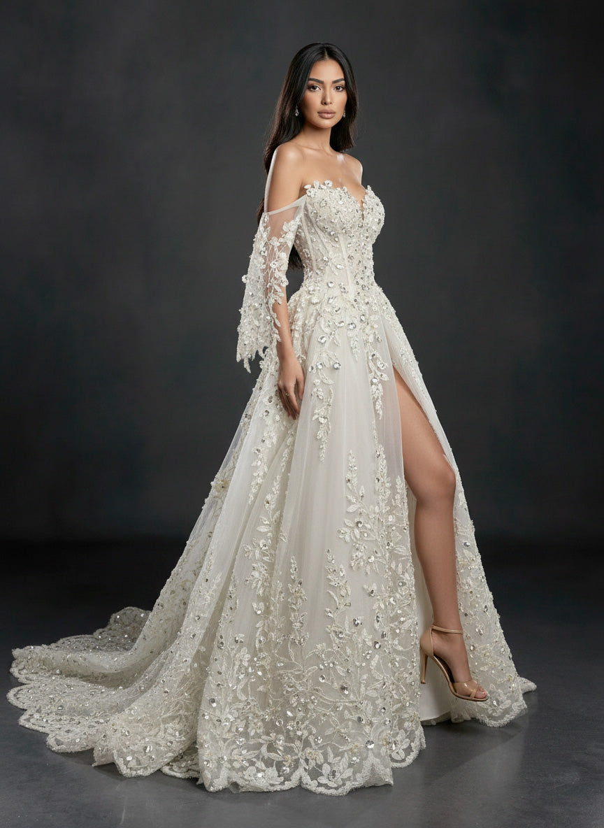 Ivory Floral Embellished A-Line Wedding Gown – Strapless Corset Bridal Dress with Crystal Beading & Detachable Tulle Sleeves