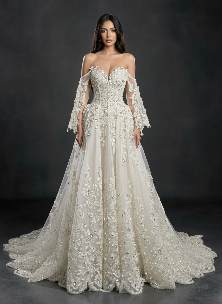 Ivory Floral Embellished A-Line Wedding Gown – Strapless Corset Bridal Dress with Crystal Beading & Detachable Tulle Sleeves