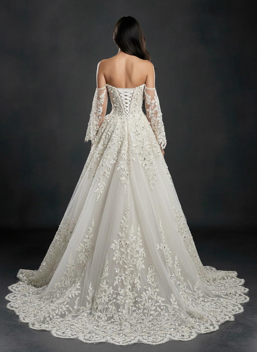 Ivory Floral Embellished A-Line Wedding Gown – Strapless Corset Bridal Dress with Crystal Beading & Detachable Tulle Sleeves
