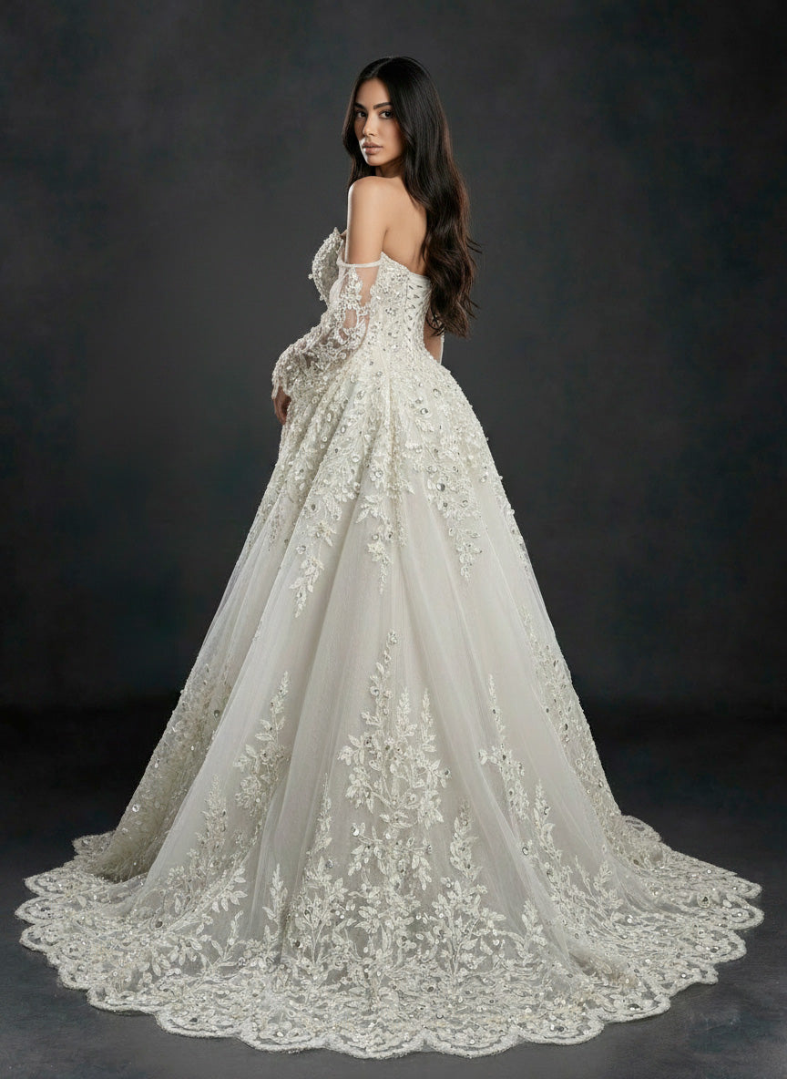 Ivory Floral Embellished A-Line Wedding Gown – Strapless Corset Bridal Dress with Crystal Beading & Detachable Tulle Sleeves