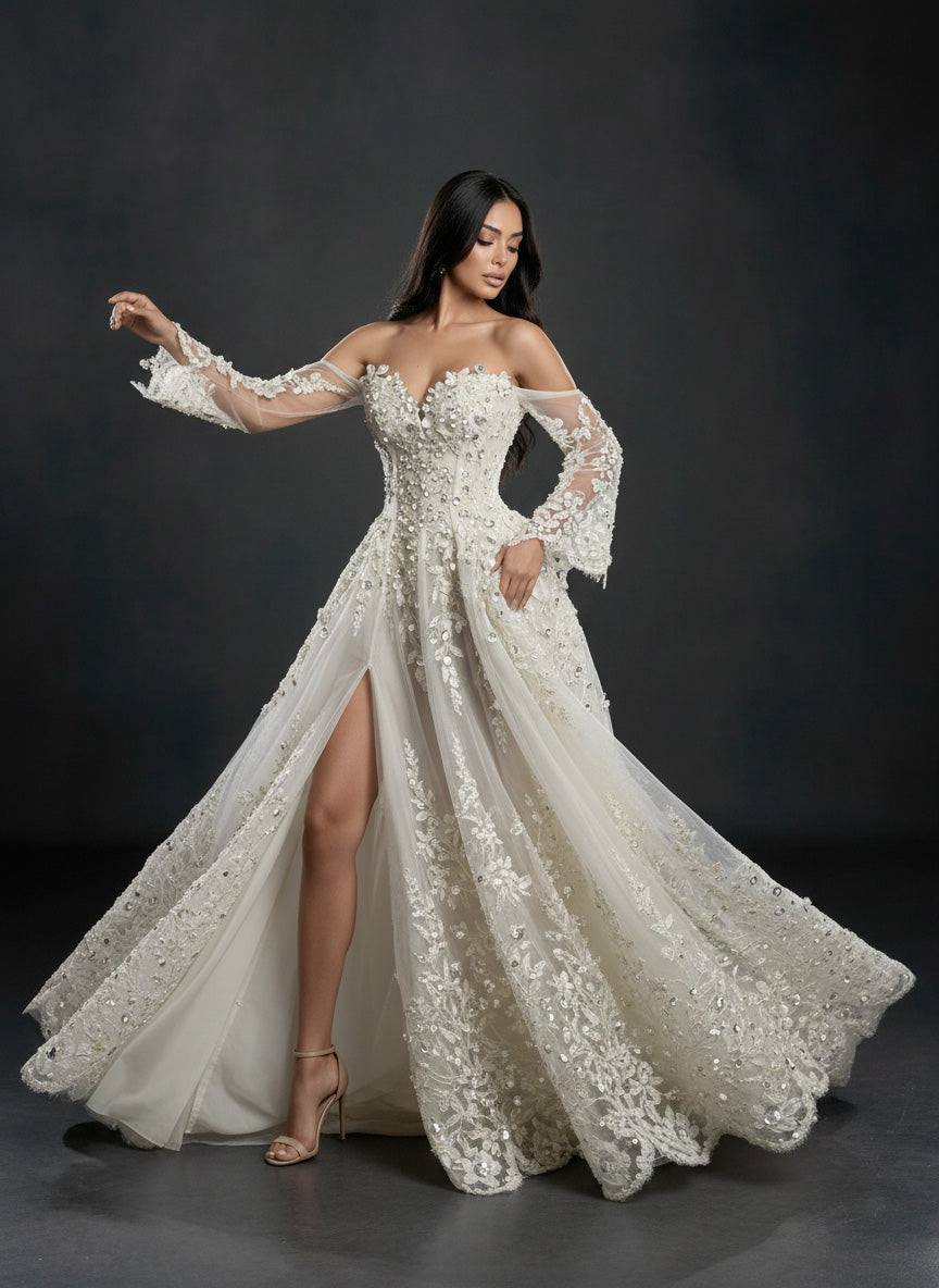 Ivory Floral Embellished A-Line Wedding Gown – Strapless Corset Bridal Dress with Crystal Beading & Detachable Tulle Sleeves
