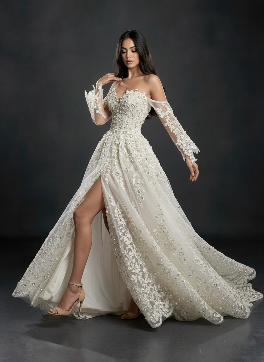 Ivory Floral Embellished A-Line Wedding Gown – Strapless Corset Bridal Dress with Crystal Beading & Detachable Tulle Sleeves