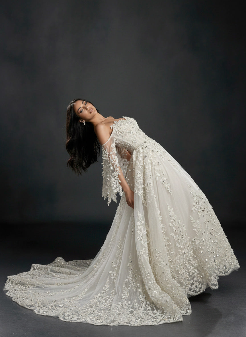 Ivory Floral Embellished A-Line Wedding Gown – Strapless Corset Bridal Dress with Crystal Beading & Detachable Tulle Sleeves