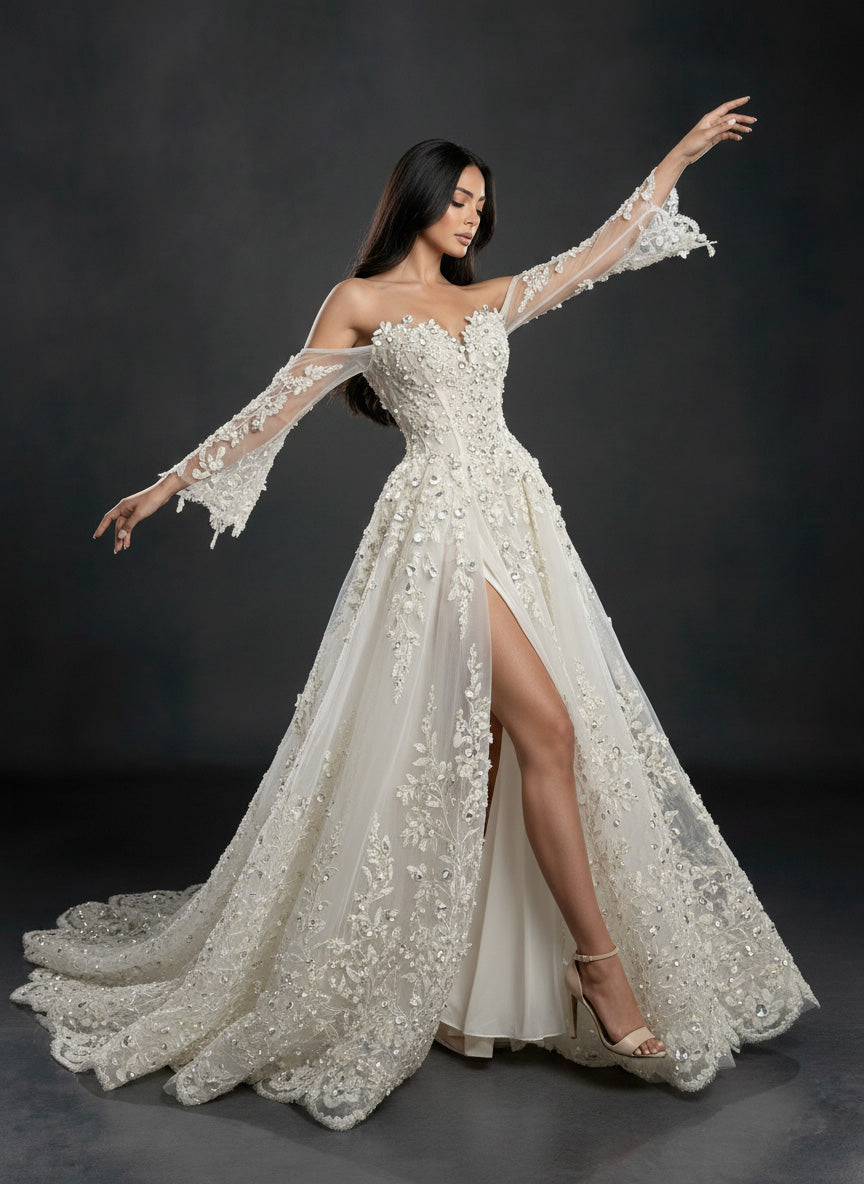 Ivory Floral Embellished A-Line Wedding Gown – Strapless Corset Bridal Dress with Crystal Beading & Detachable Tulle Sleeves