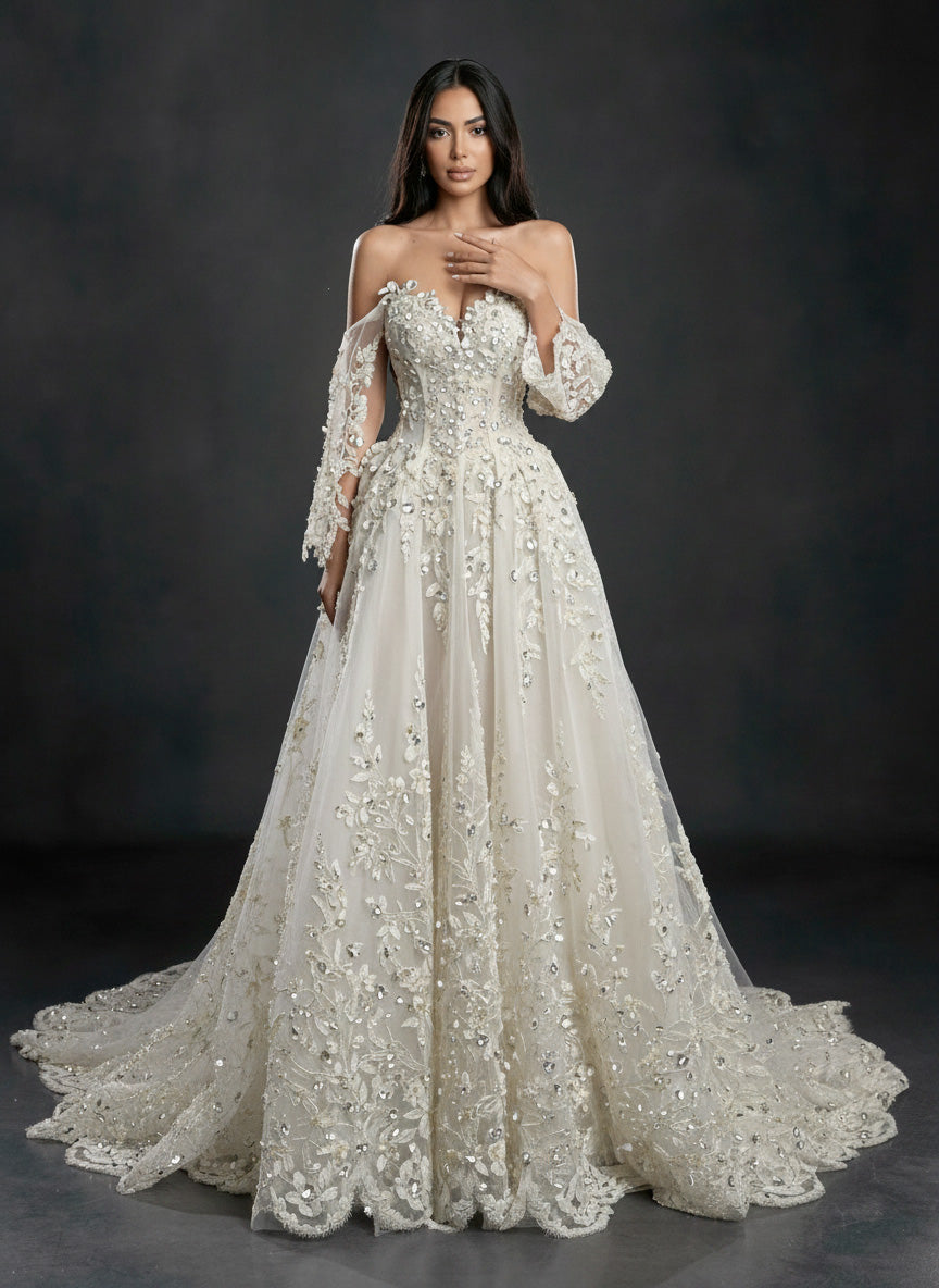 Ivory Floral Embellished A-Line Wedding Gown – Strapless Corset Bridal Dress with Crystal Beading & Detachable Tulle Sleeves
