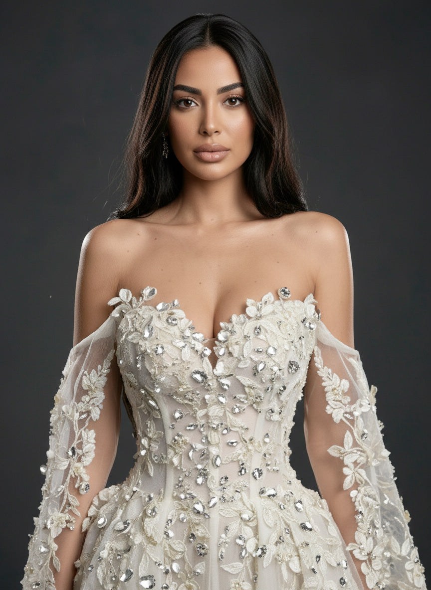 Ivory Floral Embellished A-Line Wedding Gown – Strapless Corset Bridal Dress with Crystal Beading & Detachable Tulle Sleeves